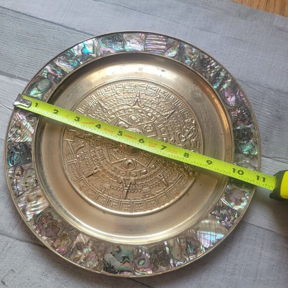 Mexican Aztec Mayan Calendar Silver Plate With Abalone Inlay - Picture 7 of 7